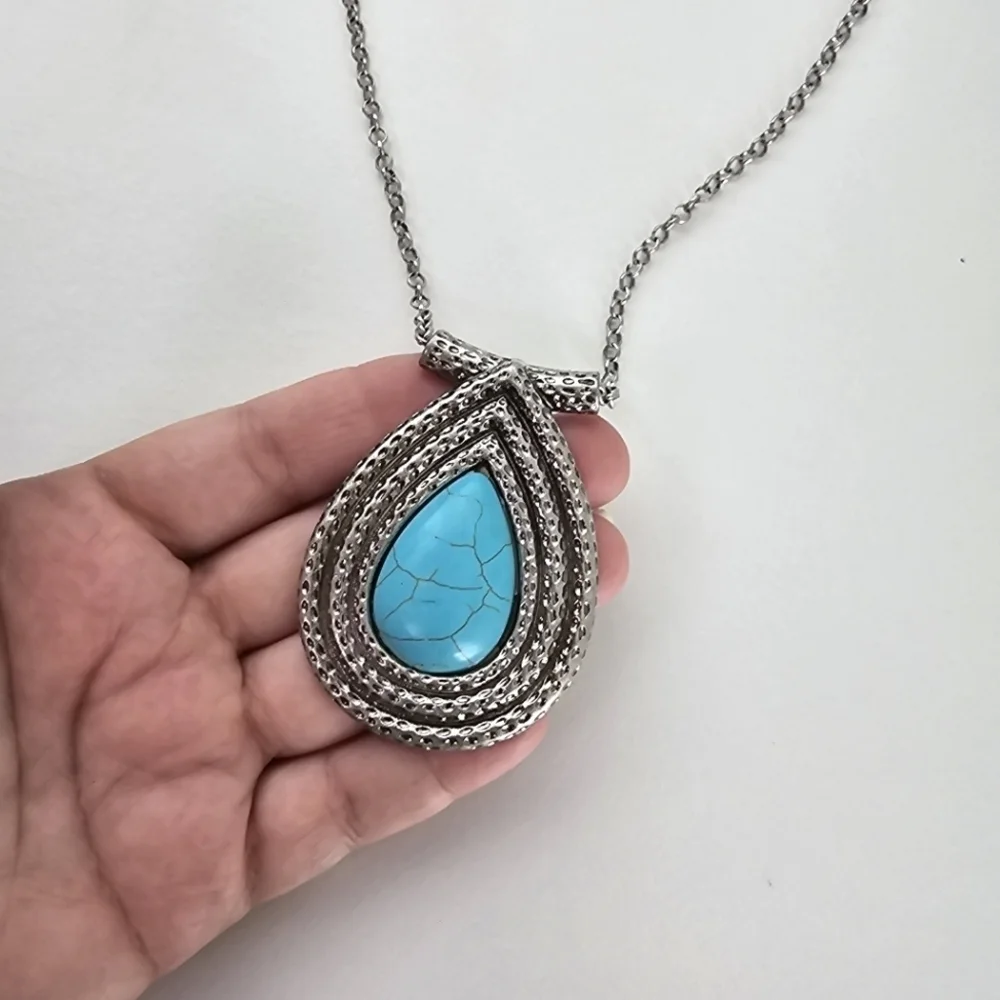 NEW Boho Turquoise Stone Teardrop Pendant Necklace Vintage